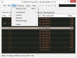Showing the foobar2000 View menu and options